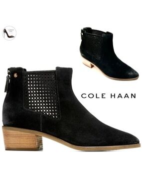 Cole Haan Val Black Suede Booties Pointed Toe Block Heel Women’s Ankle Boots 7